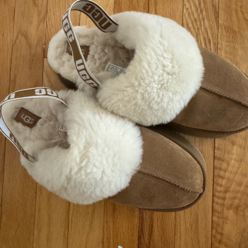 UGG Tan and Cream Slippers with Plush Collar and strap